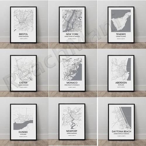 Map poster, Bristol England, Cork Ireland, Bruges Belgium, Monaco map print black and white Principality travel print coordinate