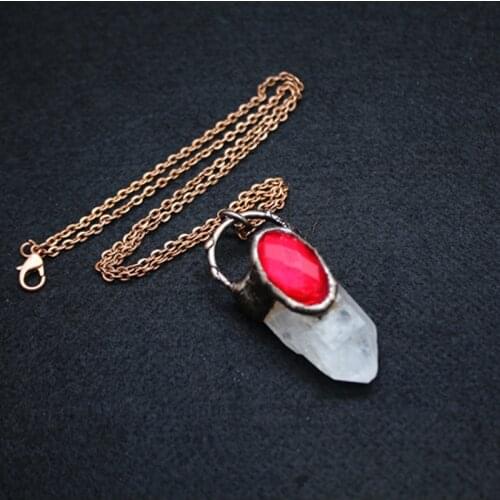 New Style 1Pc Natural Hexagonal Stone With Rubystone Necklace Pendants Vintage Antique Gold Loop Pendant Jewelry Making