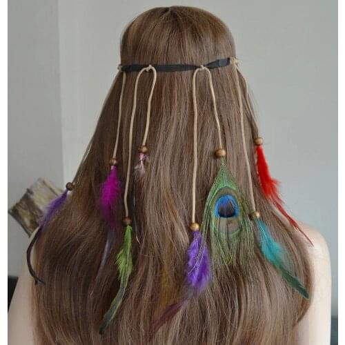 Gypsy Ethnic Feather Headband Hair Accessories 2020 Festival Women Hippie Adjustable Headdress Boho Peacock Feather Hair Band