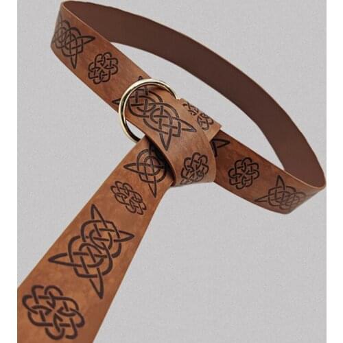 L93F Medieval Embossed Viking Vegvisir PU Leather O Ring Belt Retro Renaissance Knight Buckles Belt Leather Waistband for Men