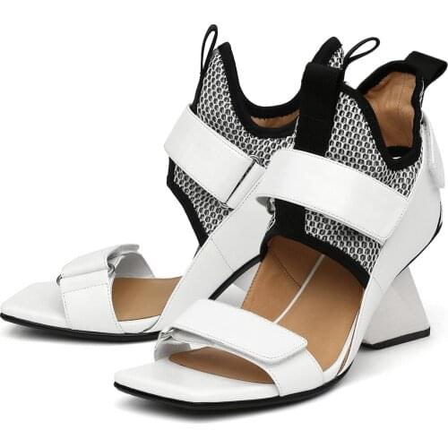 Personal Strange Heel Sandals Ankle Wrap Peep Toe Punk Sandals Sport Style Cutout Patchwork Foam Mesh Magic Tape Summer Shoes