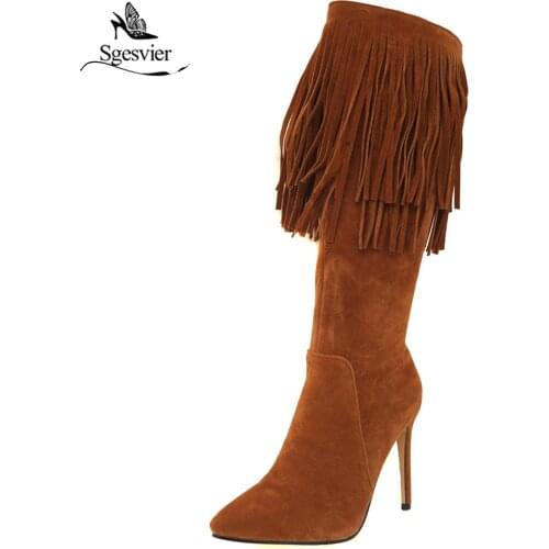 Sgesvier 2018 Fashion Fringe Tassel Mid Calf Pointed Toe Sexy High Heels Ridding Knigt Boots Brown Plus Size Ladies Shoes B718