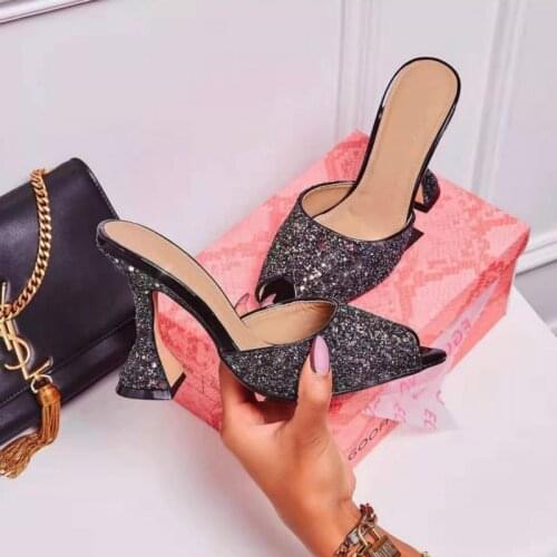 NEW 2020 Summer Sequined Cloth Sandals Slippers Slip On Thin Heels High Heels Flip Flop Women Shoes Sexy Slippers Pumps