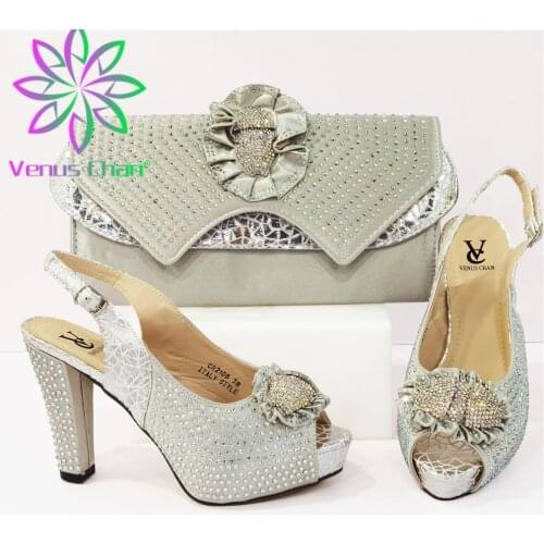 African 2021 Newest Colorful Crystal Style Silver Color Italian Design Party Ladies Shoes and Bag Set Decorated With Rhinestone