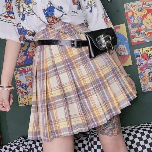 Autumn Large Size Plaid Summer Female A-line Skirt Japanese Harajuku Yellow Summer Short Skirt Half-length Pleated Skirt Female