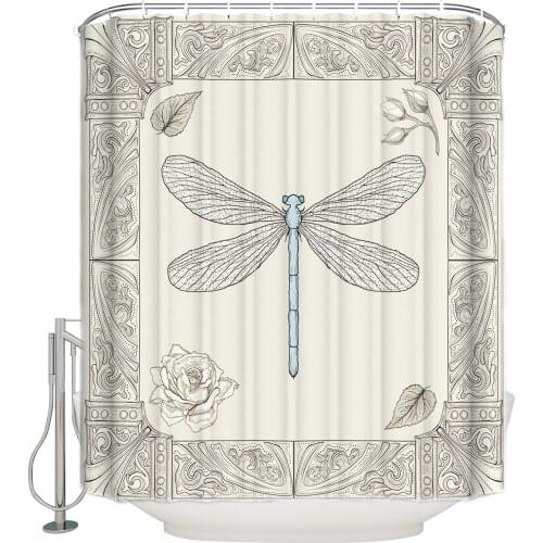 Hand Drawing Dragonfly Beige Shower Curtain Bathroom Decor Fabric Shower Curtain Farmhouse Decor
