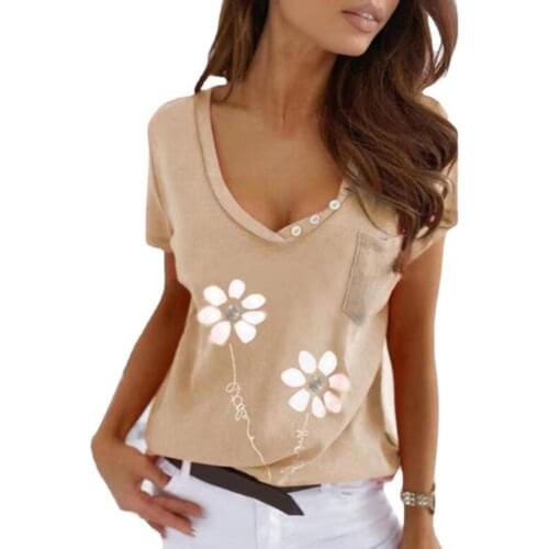 50%HOT T-shirt Floral Print Loose Female Women Wide V Neck T-shirt for Daily Wear