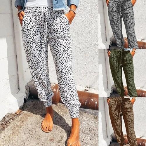 Women Leopard Print Loose Pants Casual Female High Waist Drawstring Pocket Fitness Long Trousers WDC8366