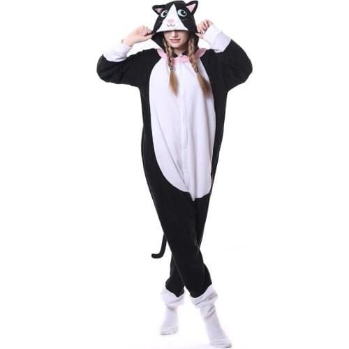 HKSNG Girls Winter Warm Animal Black Cat Kigurumi Onesie For Adult Party Cosplay Halloween Costume Pyjamas Hooded