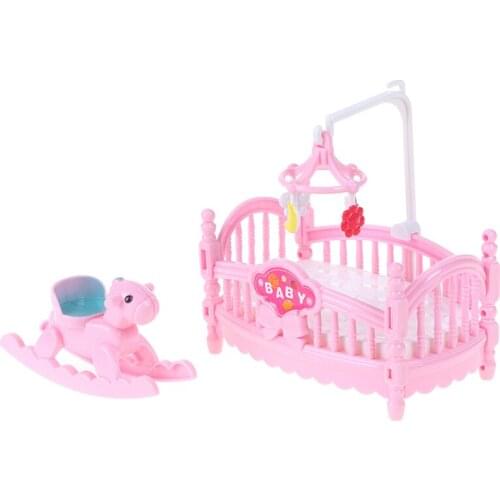 1pc Pink Princess Doll Accessories Doll Plastic Children Girls Gift Miniature Crib Bed And Wooden Horse