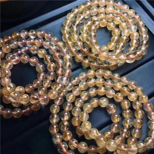 3rows Natural gold hair crystal Brazilian Beads Bracelet AAA 7.8-7mm
