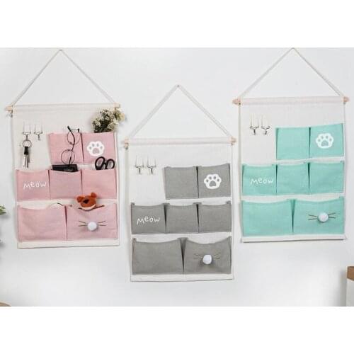 4 Colors Multifunction 7 Pocket Cartoon Cat Wall Hanging Holder Storage Bag Rack makeup Cosmetic organizer storage basket box