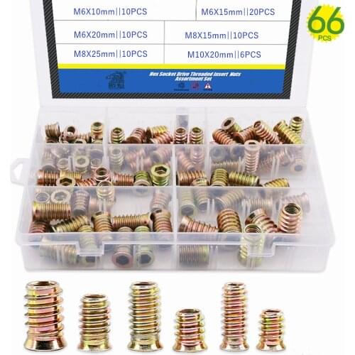 66PCS M6 M8 M10 Zinc Plated Carbon Steel Hex Nut Socket Drive Insert Nuts kit For wooden furniture decoration Nut set