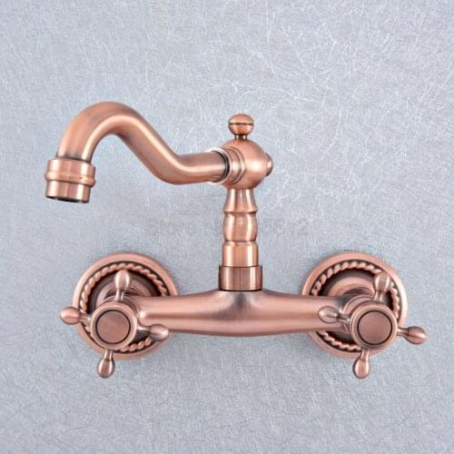 Antique Red Copper Brass Wall Mounted Dual Handles Kitchen Sink Faucet Bathroom Basin Mixer Taps Swivel Spout tsf858