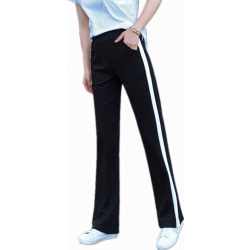 High Waist Flare Pants Bell bottom For Womens Loose Sports Stretch Trousers Side Striped Ladies Black Pants Plus Size 4Xl