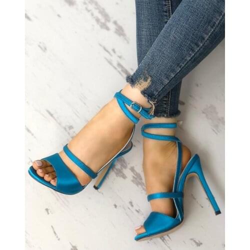 Carpaton Solid Satin Strappy Peep Toe Stiletto Sandals Super High Thin Heels Ankle Strap Woman Shoes Summer Sexy Gladiator Heels