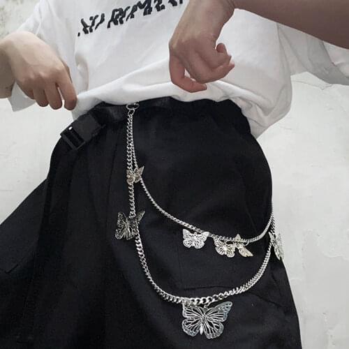 Punk Hip hop Multilayer Pants Chain Metal Butterfly Pendant Men Women Trousers Chain Keychains Fashion Jewelry