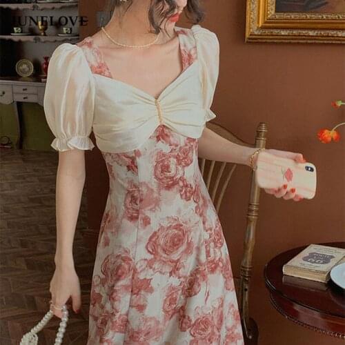 JuneLove Elegant Floral Dress Women Patchwork V-neck French Vintage Sexy Midi Dress Summer Chiffon Casual Slim Party Dress 2021