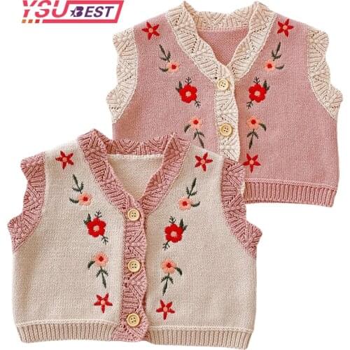 Fashion Kids Vest Sweaters New Baby Girls Sleeveless Embroidery Flowers Cardigan Lothes Autumn Winter V-neck Cotton Sweaters