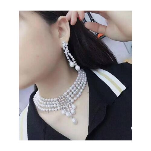 Hand knotted 4strands white freshwater pearl micro inlay zircon accessories necklace earrings set fashion jewelry