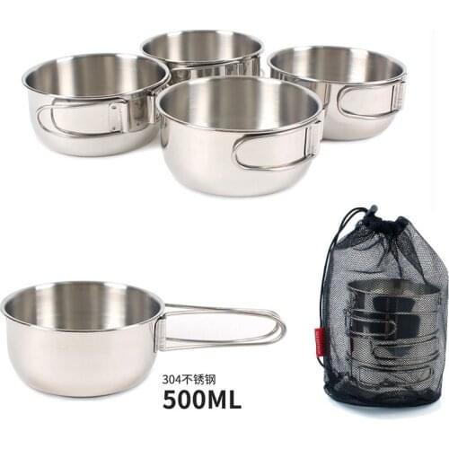 4pcs Outdoor Stainless Steel Bowl 500ml Small camping hiking trip Fishing picnic cutlery cookware cooking pots and pans set