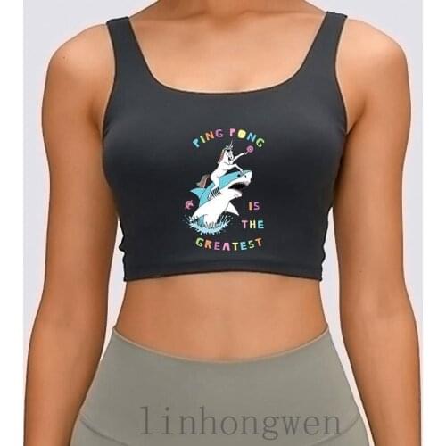 Ping Pong Is The Greatest Unicorn Riding Shark Women Tank Top Summer Natural Create Letters Crew Neck Funny Casual Crop Top