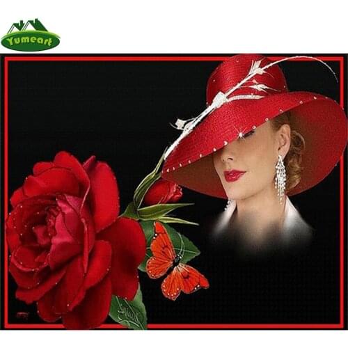 Full Square Drill Diamond Embroidery Beautiful Women Red Hat Roses Woman 5D diy Diamond Painting Cross Stitch Mosaic Home Decor