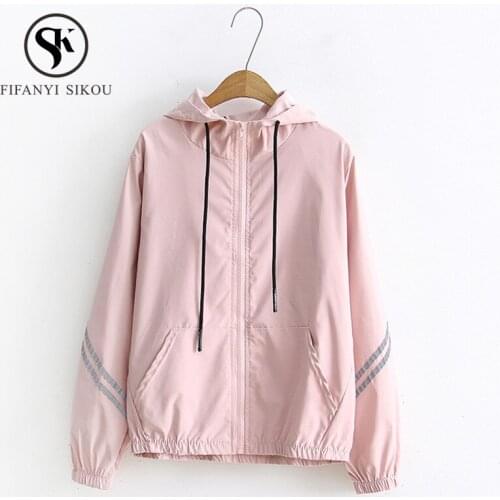 Spring Summer Thin Sunscreen jacket women Fashion Stripe Long sleeve Hooded Coat Zipper Pocket Basic Coat Sweet Casual Jackets