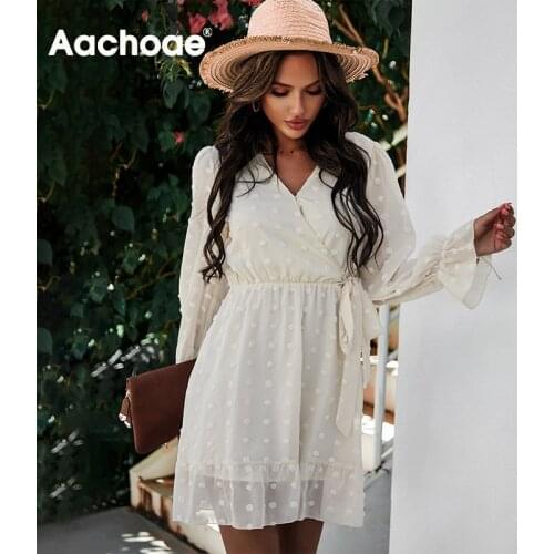 Aachoae Dot Embroidery Elegant Chiffon Dress V Neck Casual A Line Dress Flare Long Sleeve Beach Mini Dress Kobieta Sukienka