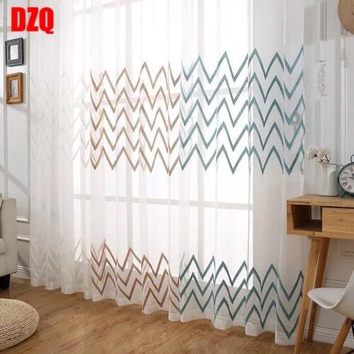 Nordic White Embroidered Window Screen Curtains Tulle Kitchen Grid Wave Sheer for Bedroom Living Room Balcony Drapes Fabric