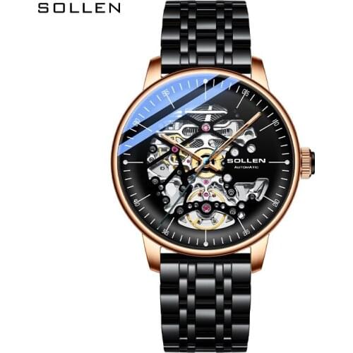 SOLLEN Transparent Case Open Work Stainless Steel Mechanical Skeleton Sport Wrist Watch Men Top Brand Luxury Men Automatic Clock
