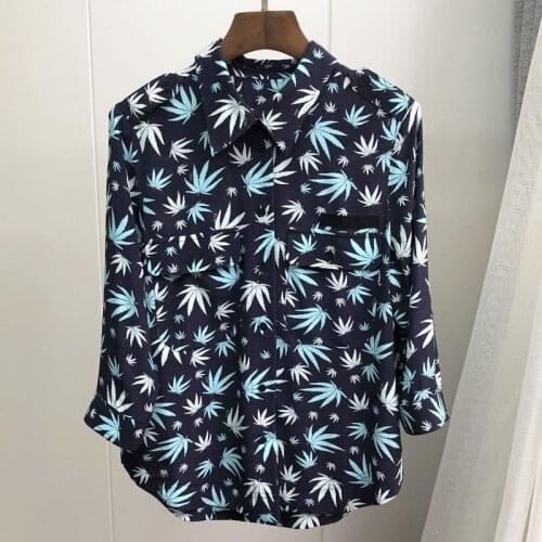 Women Shirt Print Shirt Spring New Leaf Love Double Pocket Sleeve Shirt