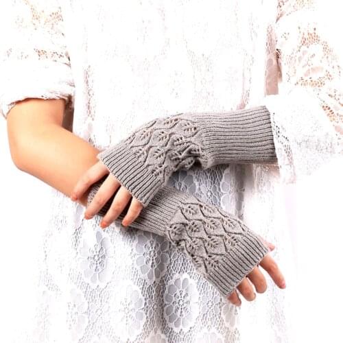 Womens Korean Autumn and Winter Long Hollow Knit Sleeves f Fingerless Weaving Flowers Leaves Computer Warm Student Gloves