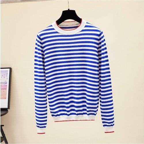 Brand Sweaters Women Long Sleeve Pullovers Blue White Striped Knit Tops O-Neck Long Sleeve Vintage Jersey Casual Spring Autumn