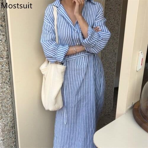 Blue Striped Women Shirt Dress Full Sleeve Turn-down Collar Belted Long Dresses Korean Vintage Casual Fashion Straight Vestidos
