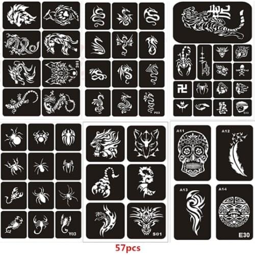 57pcs/set Henna Stencils for Painting Tiger Wolf Dragon Spider Pochoir Peinture Reusable Glitter Airbrush Stencil Templates
