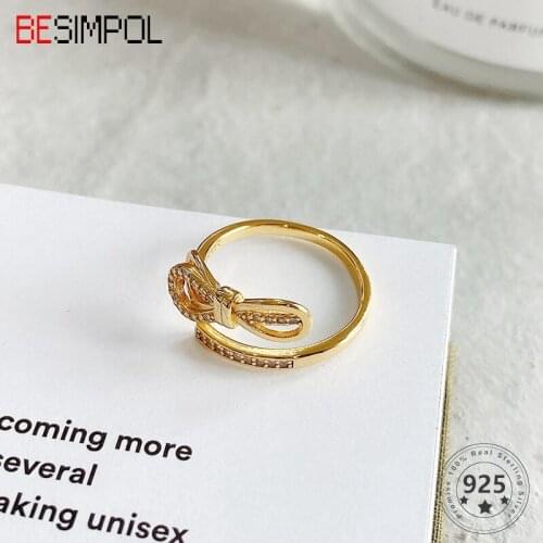 Besimpol Real 925 Sterling Silver Ring Minimalist Gold Bow-Knot Adjustable Open Rings For Women Fashion Fine Jewelry Party Gifts