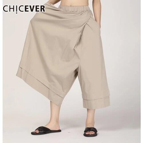 CHICEVER Summer Casual Solid Women Pant Elastic Mid Wasit Patchwork Pockets Asymmetrical Loose Plus Size Straight Pants 2020 New