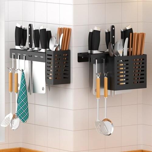 Black Stainless Steel Wall Mounted Knife Holder Rack with Cutlery Storage Box Kitchen Organizer Accessories Tools Shelf