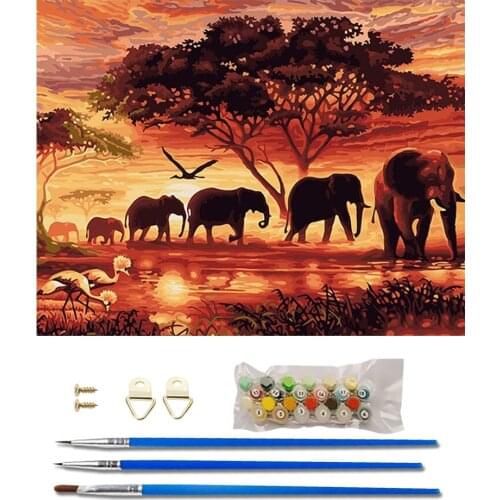 DIY Oil Painting By Numbers Elephants Landscape Drawing On Canvas Office Decor