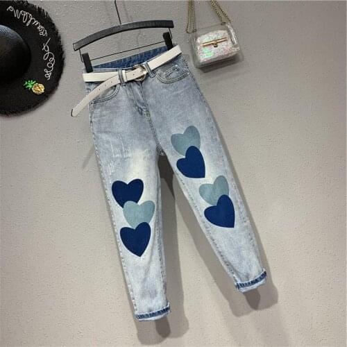 Denim Wide Leg Pants Japanese 2020 Kawaii Heart Embroidery High Waist Soft Sister Summer Femme Cute Love Jeans Trousers