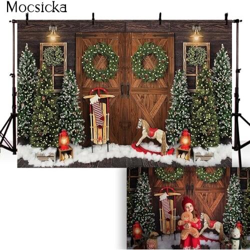 Newborn Christmas photobooth Photography Backdrop Retro door children portrait background for photocall studio Christmas tree