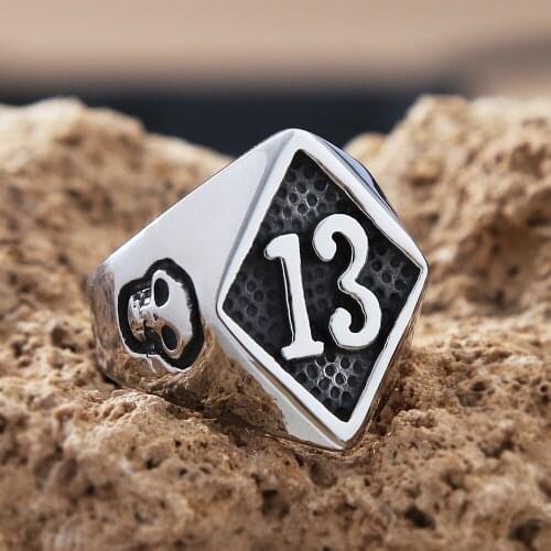 Gothic Gold Lucky 13 Skull Ring Men Women Punk Hip Hop Stainless Steel Biker Mens Number 13 Ring Fashion Jewelry Gift