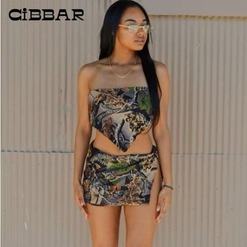 CIBBAR Sexy Print Partywear Two Piece Sets Women Sleeveless Tube Top And Side Split Mini Skirt Suits Summer Casual Vacation Wear