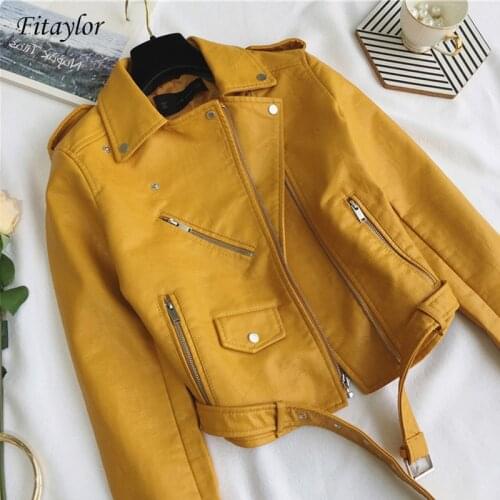 Fitaylor Fashion Women Pu Leather Jacket Bright Color Black Motorcycle Coats Short Faux Leather Biker Jackets Soft Coat Female