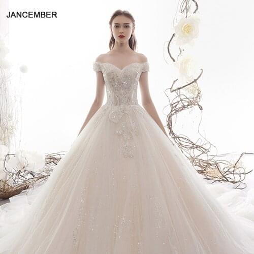 LDR18 Simple Fashion Shiny White Wedding Dress Bridal Banquet Diamond Lace Applique Print Pattern Long Trailing Gown свадебные