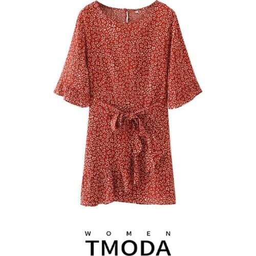 TMODA1380 2021 ZA Summer Women Printed Ruffle hem Dress Sashes Half Sleeve Short Dresses Chic Lady Casual Fashion Women Clothes