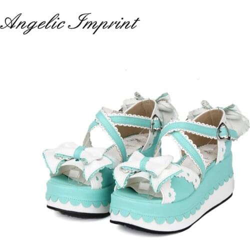 Japanese Sweet Lolita Cosplay Strappy Sandals Lovely Bowknot & Lace Trim Platfrom Wedge Summer Sandals Shoes