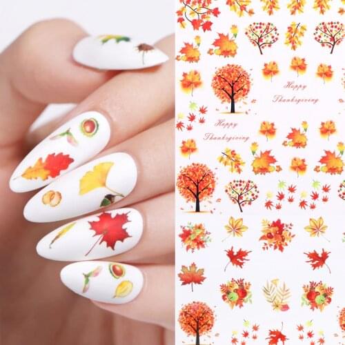 1PC 6.1*5.3cm Watermark Fall Leaves Nail Decals Autumn Yellow Maple Leaf Nail Art Stickers DIY Manicure Slider Decorations Tips
