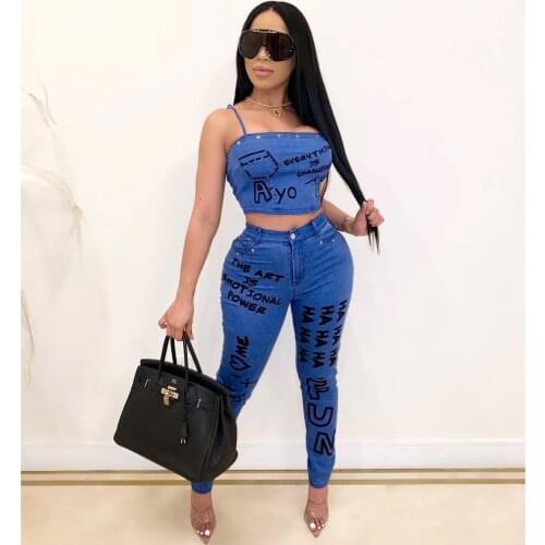 Ueteey New Two-piece Demin Sexy Letter Print Women Pant Set